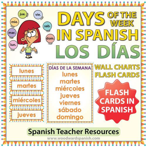 Spanish Days of the Week Flash Cards / Charts. Tarjetas y afiches con los días de la semana en español para profesores.
