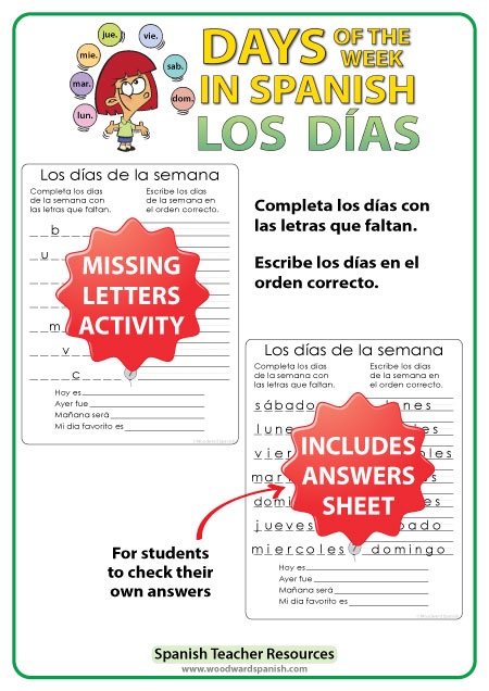 Spanish Days of the Week Missing Letters Activity. Actividad con los días de la semana en español.