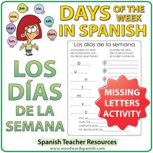 Spanish Days of the Week Missing Letters Activity. Actividad con los días de la semana en español.