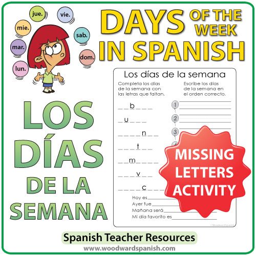 Spanish Days of the Week Missing Letters Activity. Actividad con los días de la semana en español.