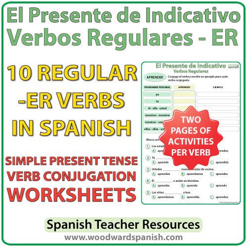 Spanish present tense regular ER verbs worksheets -- El presente de indicativo - verbos regulares