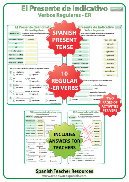 Spanish present tense regular ER verbs worksheets -- El presente de indicativo - verbos regulares