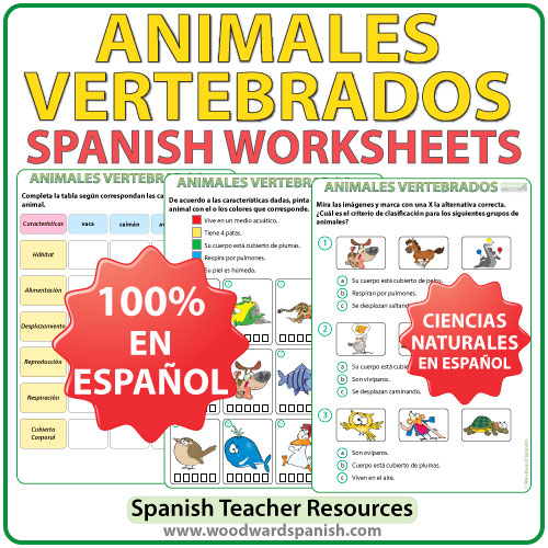 Actividades con los animales vertebrados en español. Vertebrates in Spanish Worksheets.