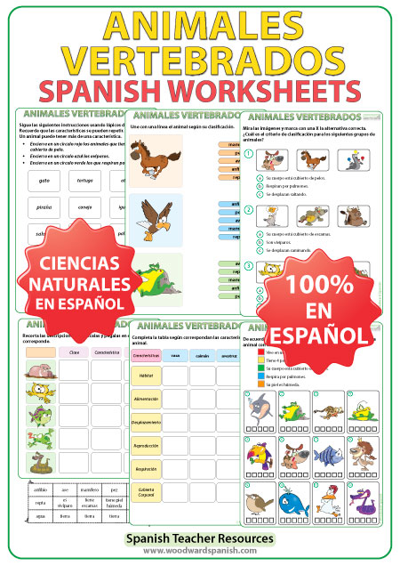 Vertebrates in Spanish Worksheets. Actividades con los animales vertebrados en español.