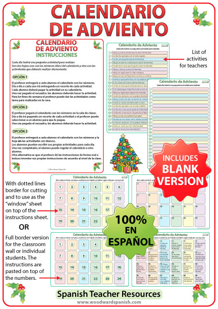Advent Calendar in Spanish for teachers. Calendario de Adviento en español para profesores.