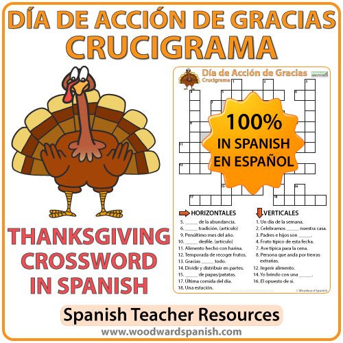 Crossword with Vocabulary about Thanksgiving Day in Spanish. Crucigrama con vocabulario acerca del Día de Acción de Gracias.