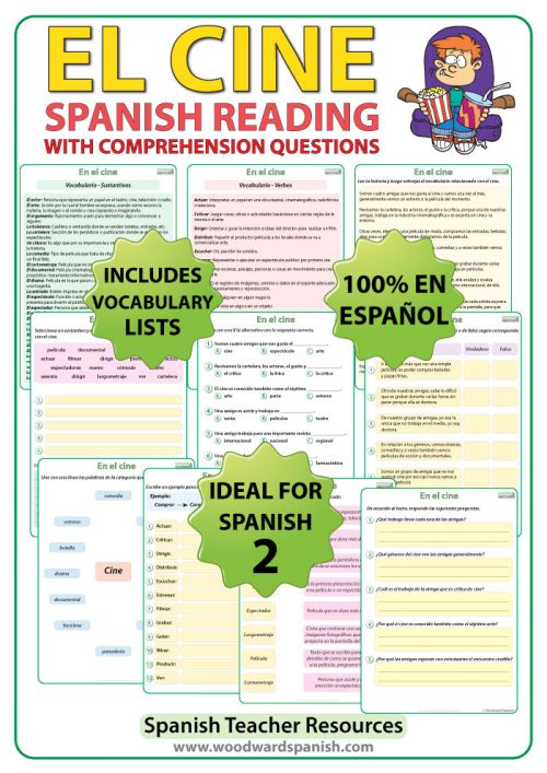 Spanish Reading Passage about Cinemas/Movies with Worksheets Lectura acerca del cine con preguntas de comprensión