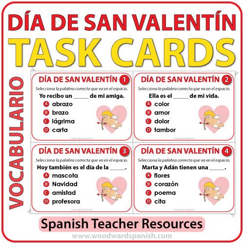 Task cards to learn and practice Spanish vocabulary about Valentine's Day (Día de San Valentín) Tarjetas de selección múltiple para aprender vocabulario acerca del Día de San Valentín en español.