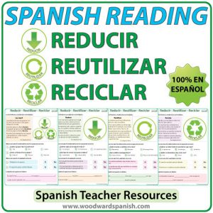 Spanish Reading about the three Rs: reduce, reuse and recycle. Lecturas en español acerca de reducir, reutilizar, y reciclar.