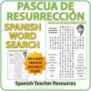 Sopa de Letras con vocabulario religioso de la Pascua de Resurrección. Word Search with Religious Vocabulary about Easter in Spanish.