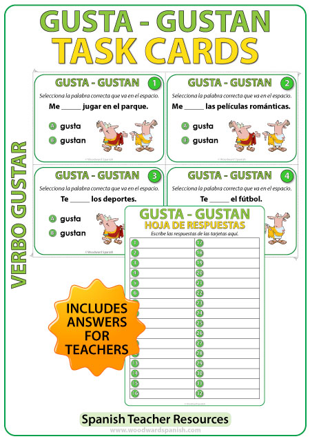 GUSTA vs. GUSTAN en español - Spanish Task Cards to practice the difference between GUSTA and GUSTAN.