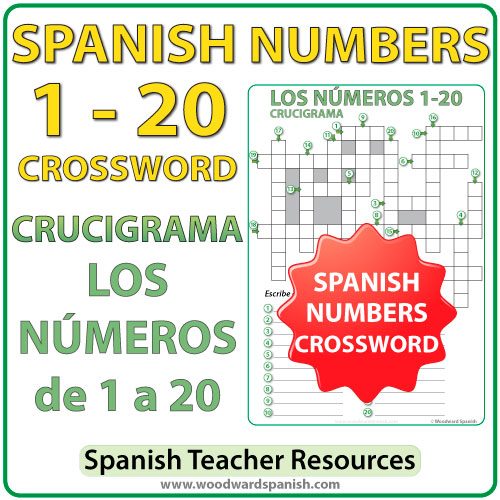 Crossword with the numbers from 1 to 20 in Spanish. Crucigrama con los números de 1 a 20 en español.