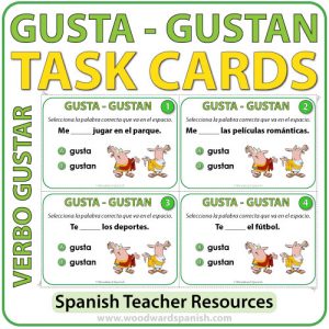 Spanish Task cards to practice the difference between GUSTA and GUSTAN. Tarjetas de selección múltiple para practicar la diferencia entre GUSTA y GUSTAN en español.
