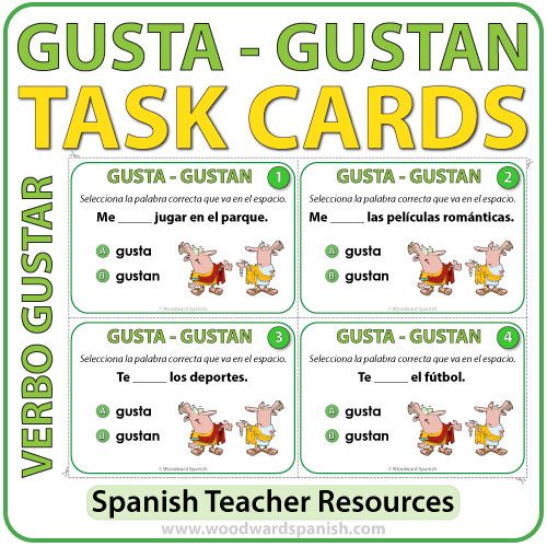 Spanish Task cards to practice the difference between GUSTA and GUSTAN. Tarjetas de selección múltiple para practicar la diferencia entre GUSTA y GUSTAN en español.
