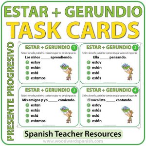 Task cards to practice the conjugation of the verb ESTAR with Spanish Verbs ending in -NDO. Tarjetas de selección múltiple para practicar la conjugación del verbo ESTAR + Gerundio en español.
