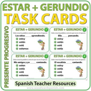 Task cards to practice the conjugation of the verb ESTAR with Spanish Verbs ending in -NDO. Tarjetas de selección múltiple para practicar la conjugación del verbo ESTAR + Gerundio en español.