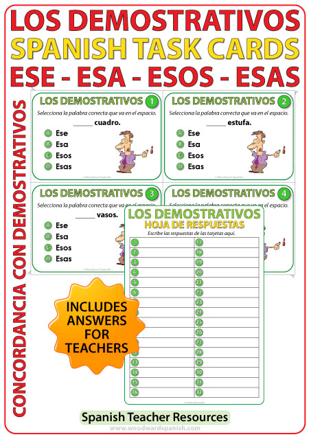 Spanish Task cards - ese, esa, esos, esas (Demonstratives). Adjetivos demostrativos en español.
