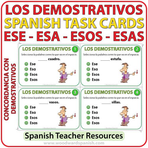 Task cards to help learn Spanish demonstrative adjectives (ese, esa, esos, esas). Tarjetas de selección múltiple para aprender los adjetivos demostrativos en español.