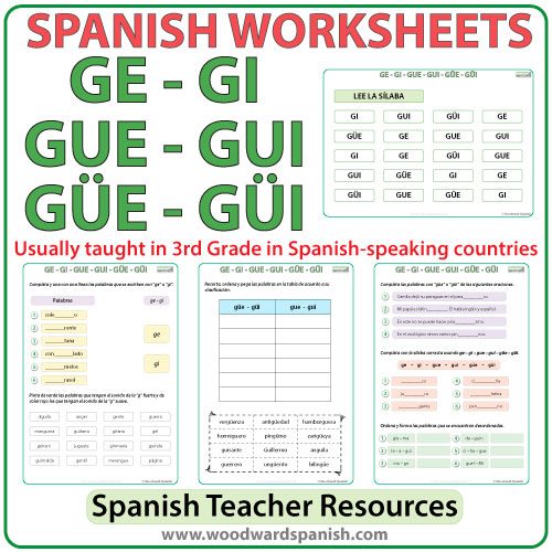 Worksheets and Pronunciation Practice Charts about the syllables GE, GI, GUE, GUI, GÜE, GÜI in Spanish. Las sílabas GE, GI, GUE, GUI, GÜE, GÜI en español