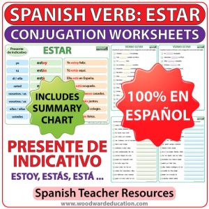 Spanish Worksheets to learn the conjugation of the verb ESTAR in the present tense. Ejercicios para practicar la conjugación del verbo ESTAR en español (en el presente de indicativo).