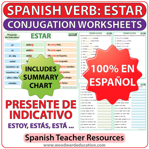 Spanish Worksheets to learn the conjugation of the verb ESTAR in the present tense. Ejercicios para practicar la conjugación del verbo ESTAR en español (en el presente de indicativo).