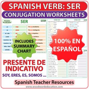 Spanish Worksheets to learn the conjugation of the verb SER in the present tense. Ejercicios para practicar la conjugación del verbo SER en español (en el presente de indicativo).