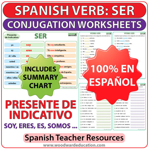 Spanish Worksheets to learn the conjugation of the verb SER in the present tense. Ejercicios para practicar la conjugación del verbo SER en español (en el presente de indicativo).