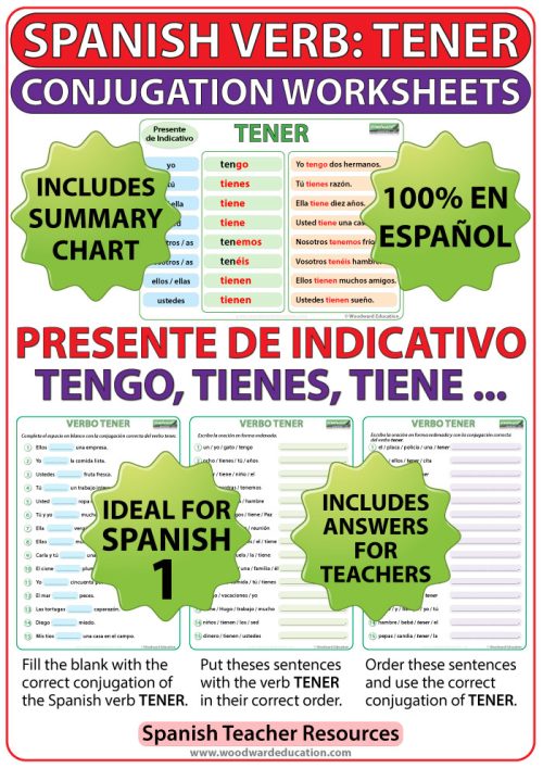 TENER Spanish Conjugation Worksheets in the present tense. Ejercicios para practicar la conjugación del verbo TENER en español (en el presente de indicativo).