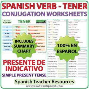 Spanish Worksheets to learn the correct conjugation of the verb TENER in the simple present tense. Ejercicios para practicar la conjugación del verbo TENER en español (en el presente de indicativo).