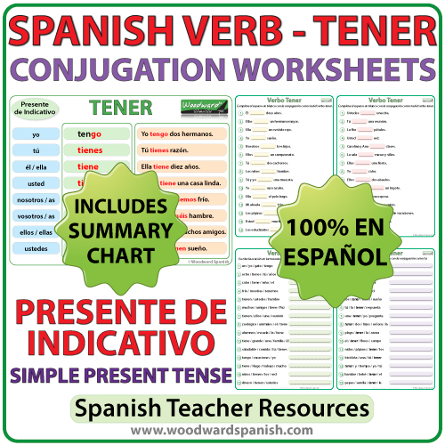 TENER Spanish Verb Conjugation Worksheets Present Tense Woodward Spanish