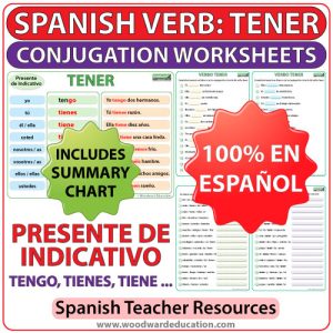 Spanish Worksheets to learn the conjugation of the verb TENER in the present tense. Ejercicios para practicar la conjugación del verbo TENER en español (en el presente de indicativo).