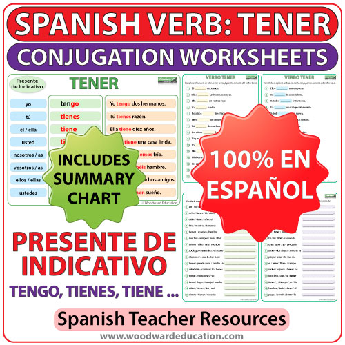Spanish Worksheets to learn the conjugation of the verb TENER in the present tense. Ejercicios para practicar la conjugación del verbo TENER en español (en el presente de indicativo).