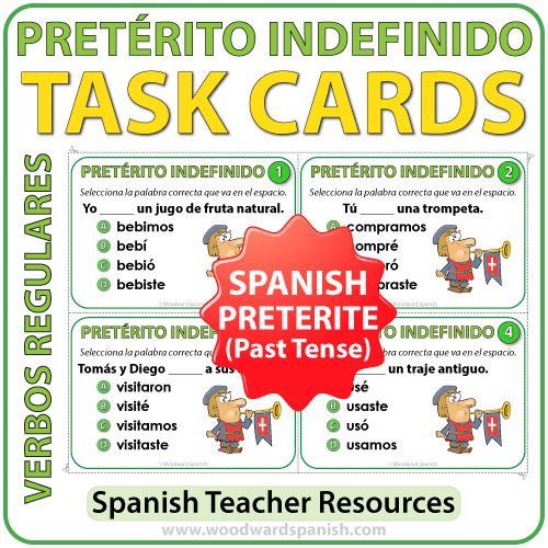 Task cards to practice the conjugation of regular Spanish verbs in the preterite (past) tense. Tarjetas para practicar la conjugación de verbos en el pretérito indefinido en español.