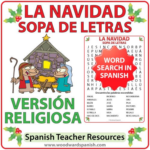 Spanish Word Search with Religious Christmas Vocabulary. Sopa de Letras - Vocabulario religioso relacionado con la Navidad en español.