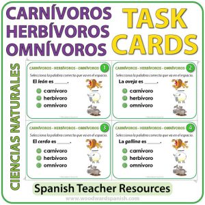 Spanish Task Cards - Animales Carnívoros, Herbívoros y Omnívoros en español.