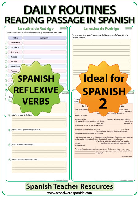 Spanish Daily Routines reading passage with worksheets - Lectura de una rutina diaria con ejercicios