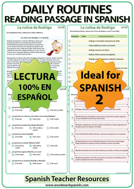 Spanish Reading - Daily Routines with worksheets - Lectura de una rutina diaria con ejercicios