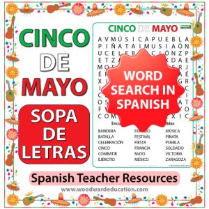 Spanish Word Search with vocabulary about Mexico's Cinco de Mayo. Sopa de Letras en español - Vocabulario en español relacionado con el Cinco de Mayo.