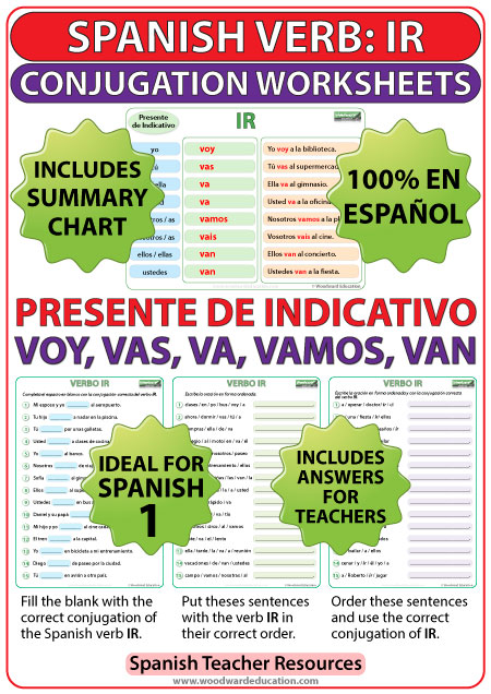 IR Spanish Conjugation Worksheets in the present tense. Ejercicios para practicar la conjugación del verbo IR en español (en el presente de indicativo).