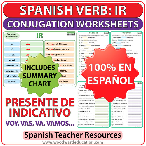 Spanish Worksheets to learn the conjugation of the verb IR in the present tense. Ejercicios para practicar la conjugación del verbo IR en español (en el presente de indicativo).