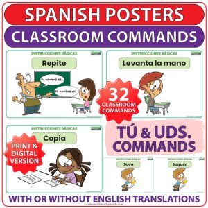 Spanish classroom commands posters with TÚ and USTEDES commands - Instrucciones básicas en español