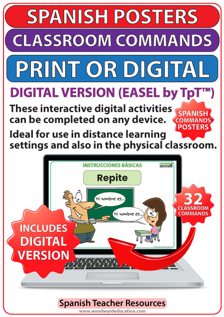 Spanish classroom commands posters pdf and a digital version for online classes - Instrucciones básicas en español para la sala de clase.
