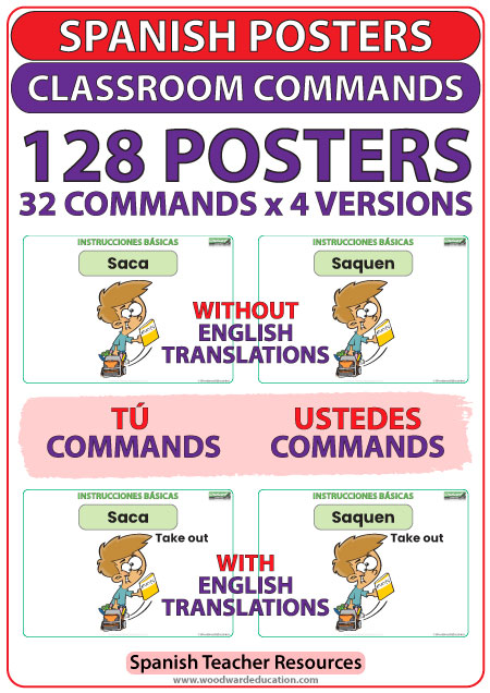 Spanish Posters about classroom commands with TÚ and USTEDES commands as well as with or without English translations - Instrucciones básicas en español para la sala de clase.