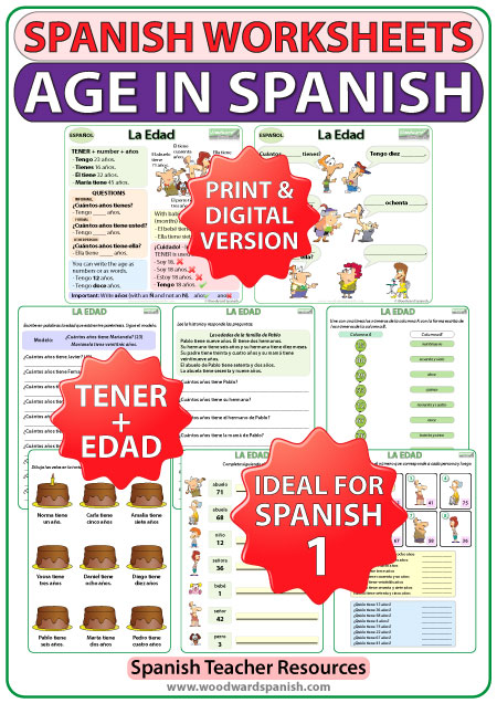 AGE in Spanish worksheets to learn TENER + EDAD - How to say your age in Spanish - Includes PDF charts by Woodward Spanish