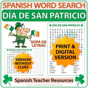 Saint Patrick's Day Word Search in Spanish PDF - Woodward Spanish Teacher Resource - Día de San Patricio - Sopa de Letras